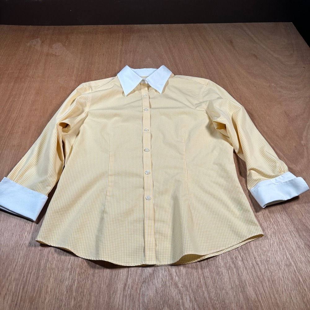 Brooks Brothers 346 Button Down Women 8 Yellow Gingham Non-Iron Cotton Fitted